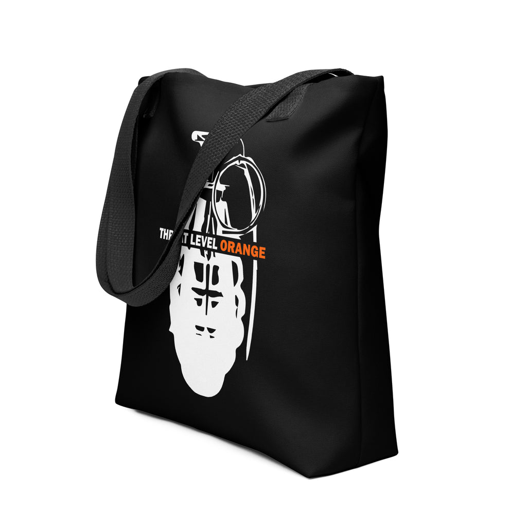 Black all-over print tote bag with Earth to Eve Threat Level Orange Grenade design, 15x15 front view
