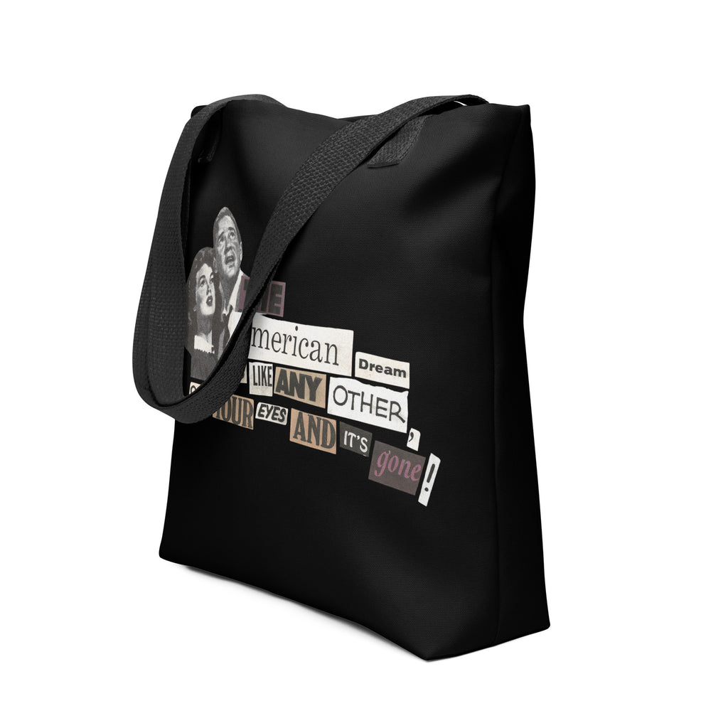 Black all-over print tote bag with Earth to Eve The American Nightmare design, 15x15 front view