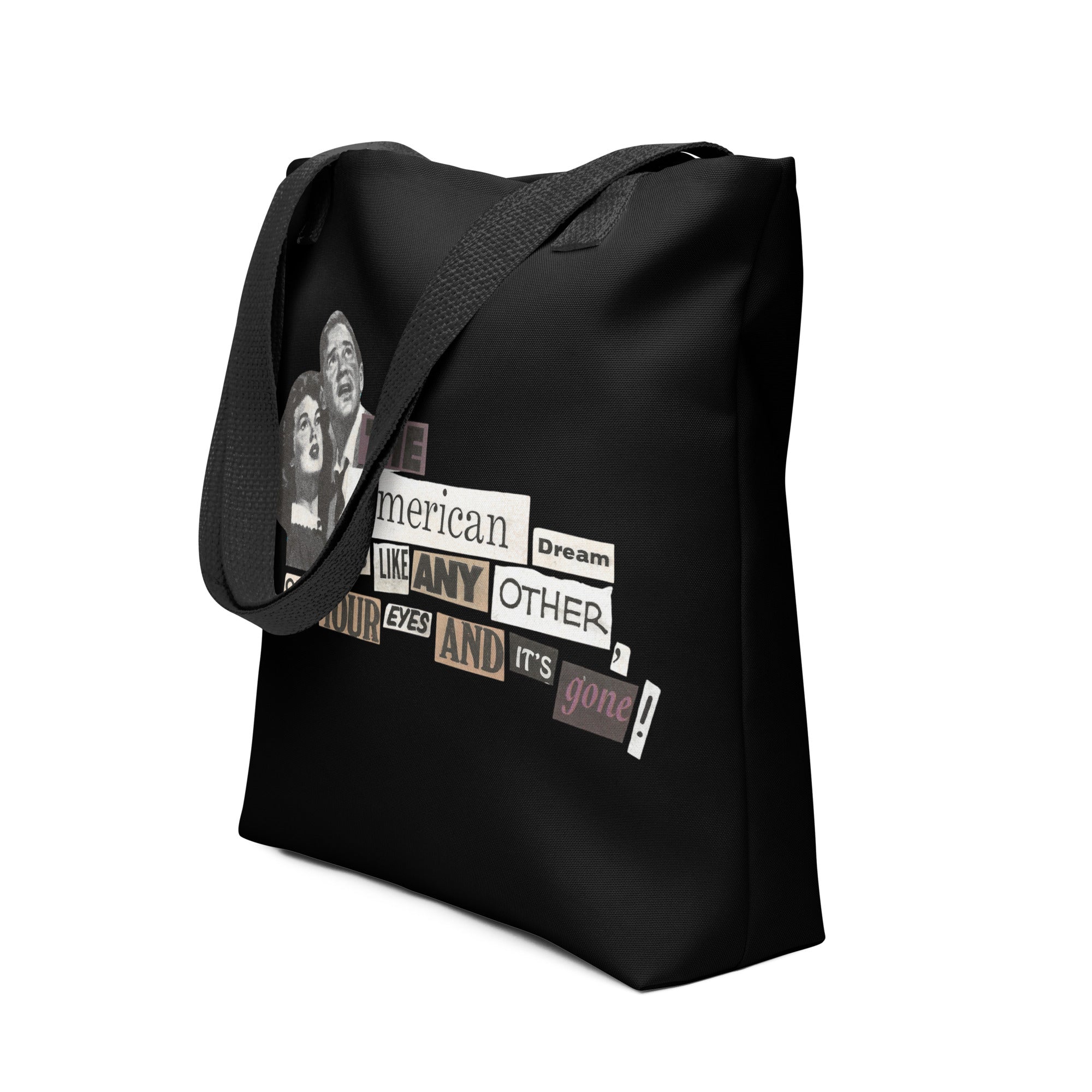 Black all-over print tote bag with Earth to Eve The American Nightmare design, 15x15 front view