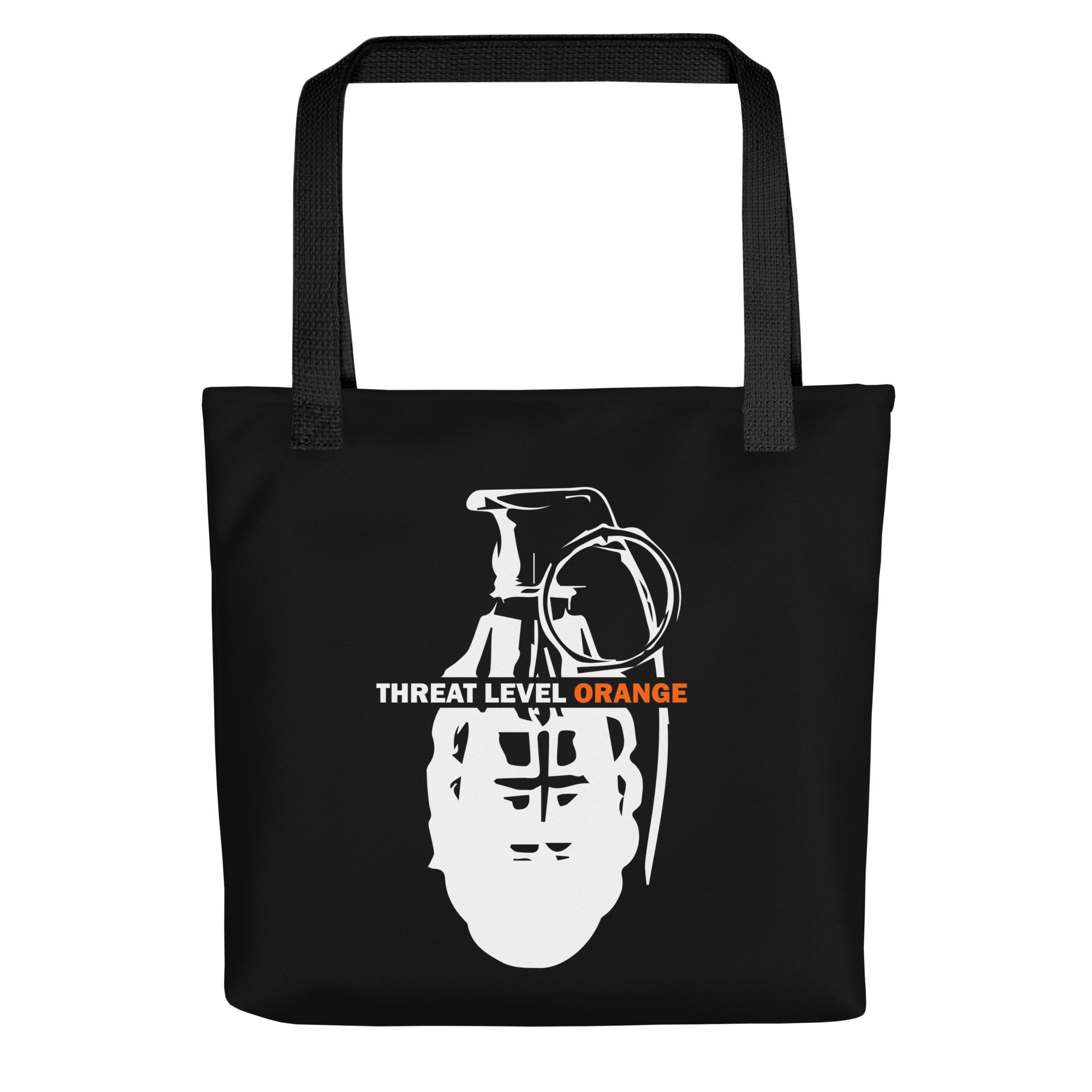 Black all-over print tote bag with Earth to Eve Threat Level Orange Grenade design, 15x15 mockup view
