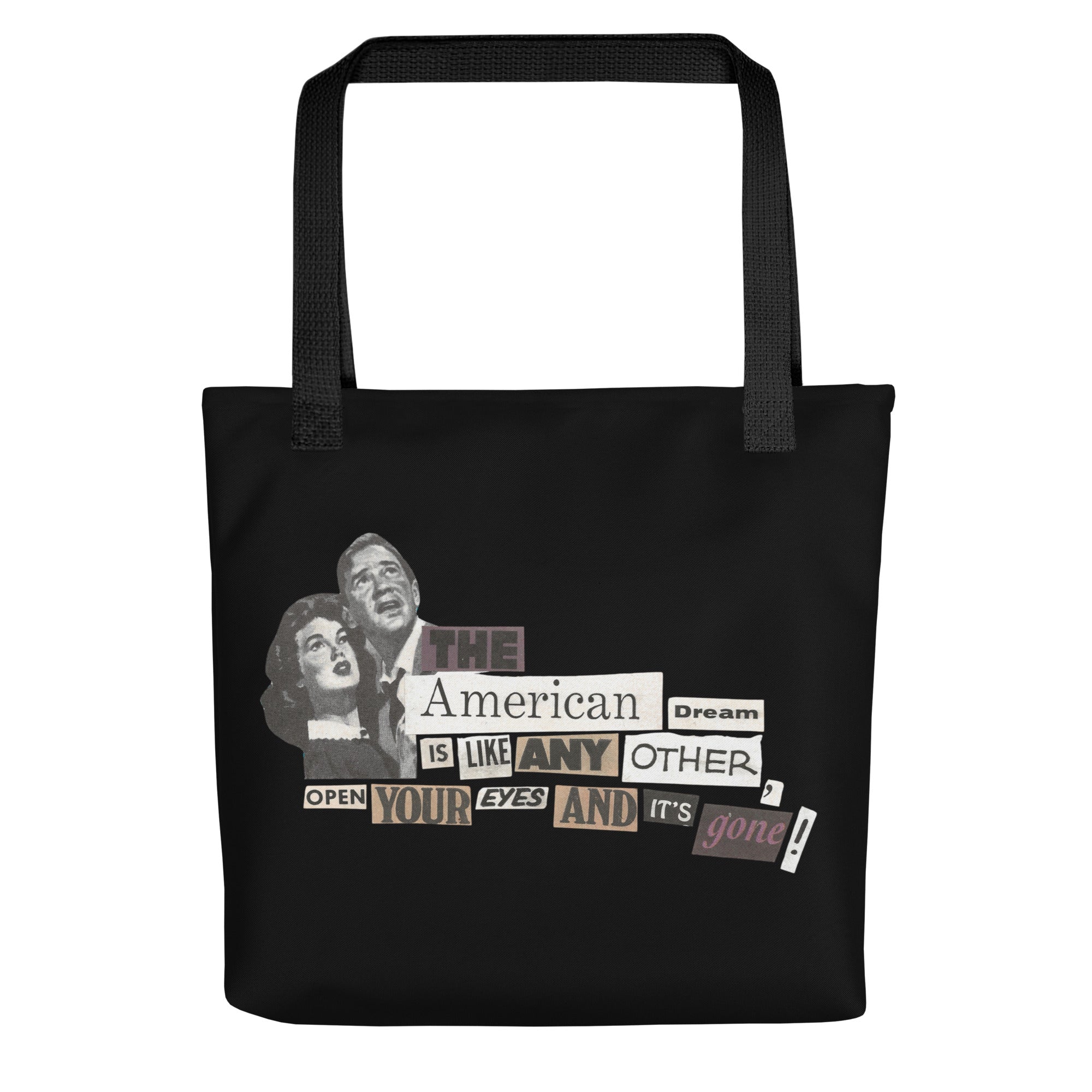 Black all-over print tote bag with Earth to Eve The American Nightmare design, 15x15 mockup view