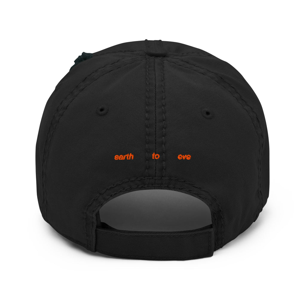 Black distressed dad hat with Earth to Eve Threat Level Orange embroidered design, back view