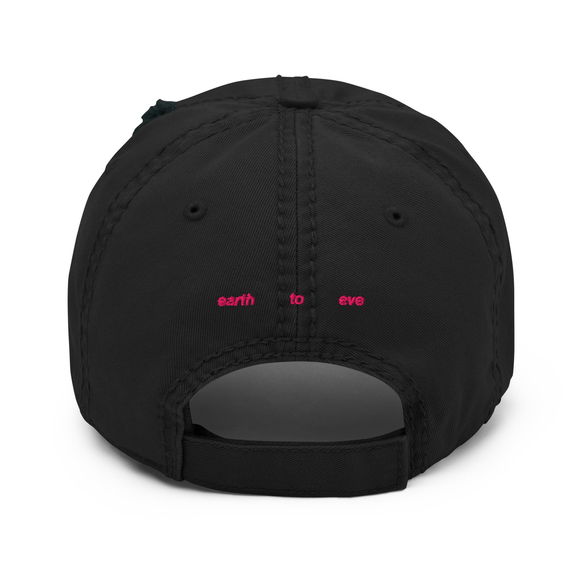Black distressed dad hat with Earth to Eve Have You Heard The News embroidered design, back view