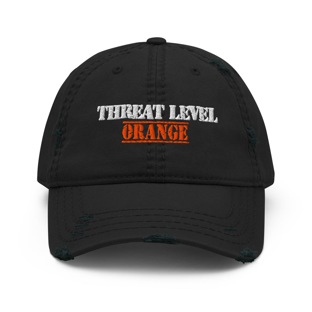 Black distressed dad hat with Earth to Eve Threat Level Orange embroidered design, front view