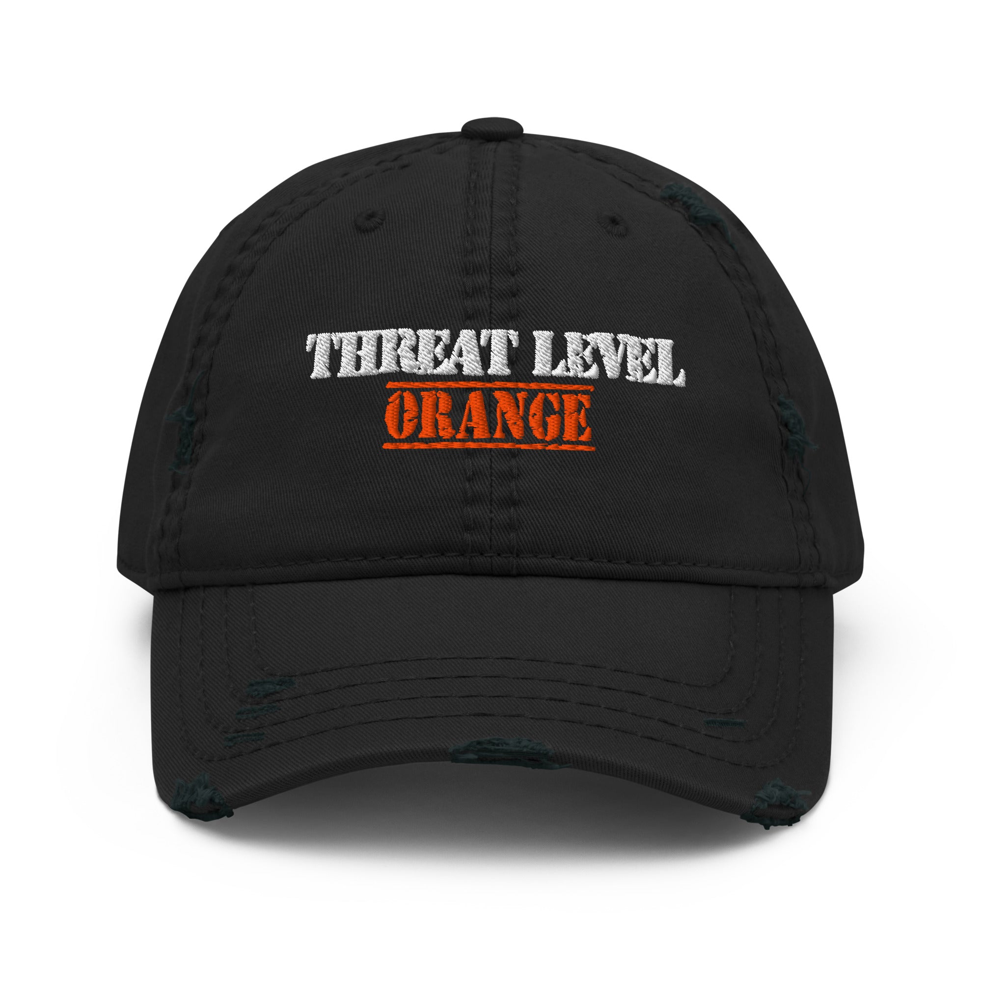 Black distressed dad hat with Earth to Eve Threat Level Orange embroidered design, front view