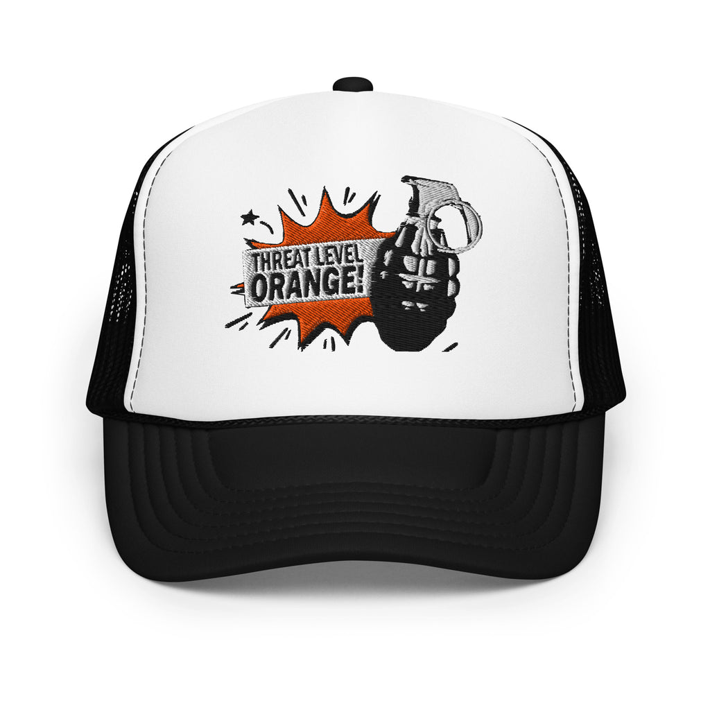 Black and white foam trucker hat with Earth to Eve Threat Level Orange embroidered design, front view