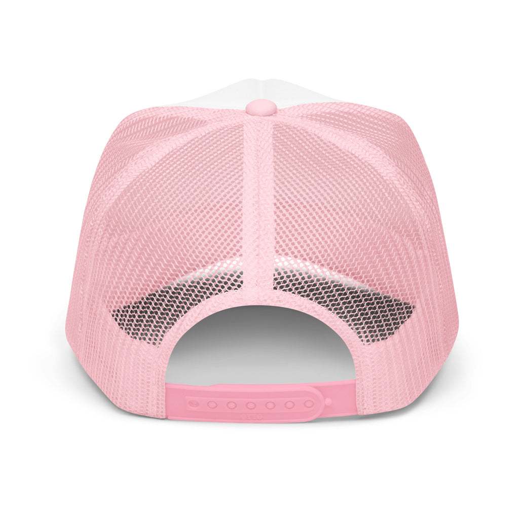Light pink foam trucker hat with Earth to Eve embroidered design, back view