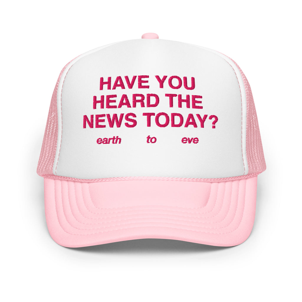 Light pink foam trucker hat with Earth to Eve embroidered design, front view