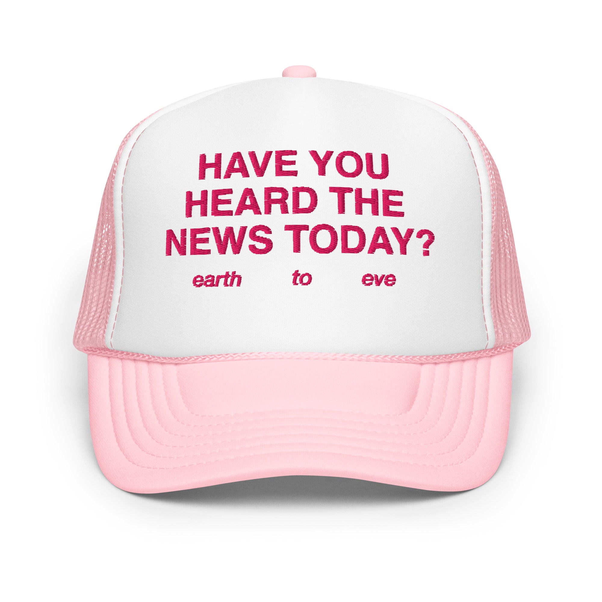 Light pink foam trucker hat with Earth to Eve embroidered design, front view