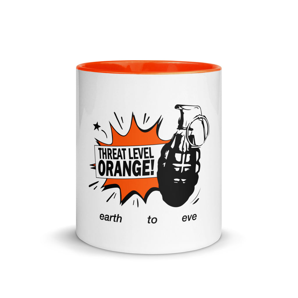 White ceramic mug with orange interior and Earth to Eve Threat Level Orange design, 11 oz front view