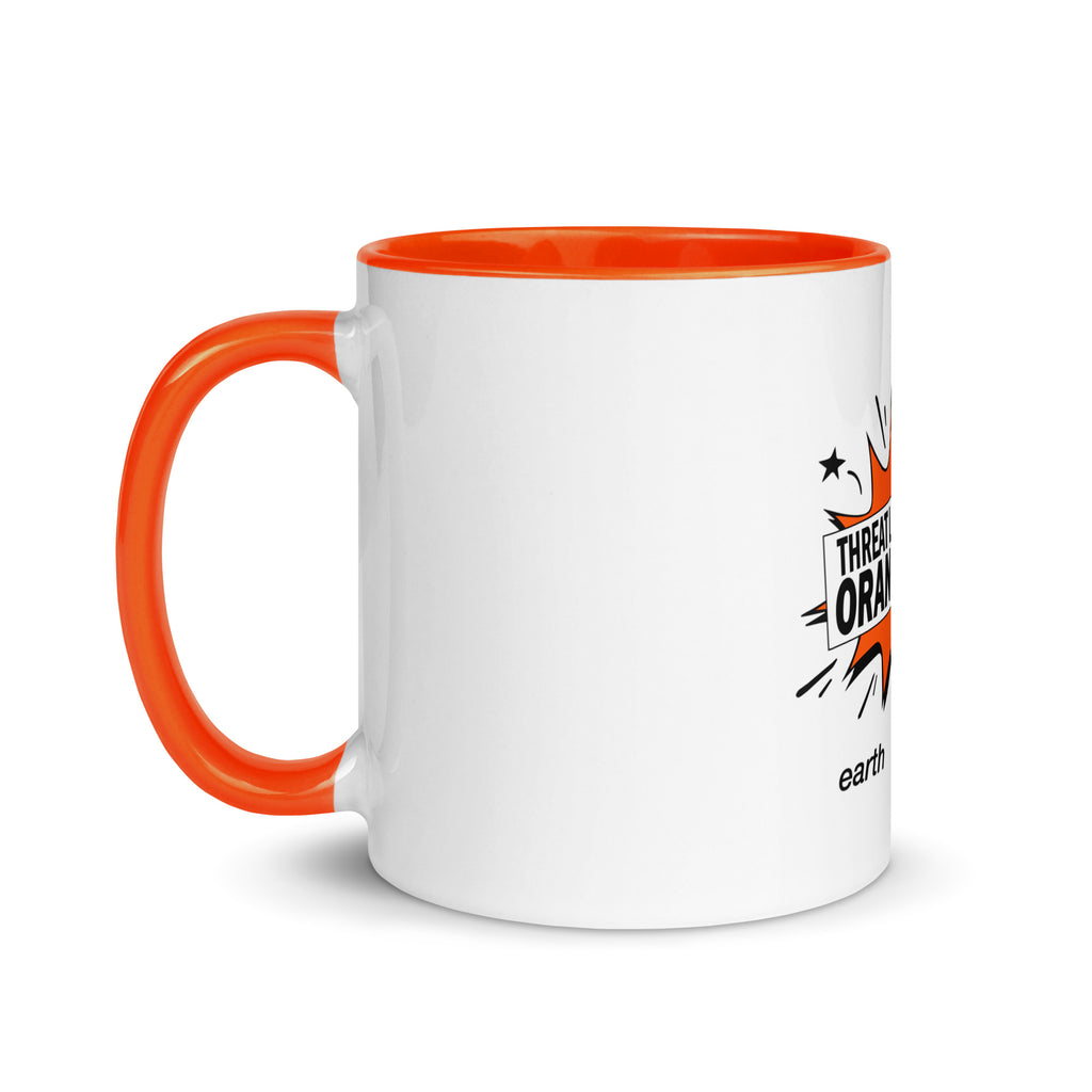White ceramic mug with orange interior and Earth to Eve Threat Level Orange design, 11 oz left view