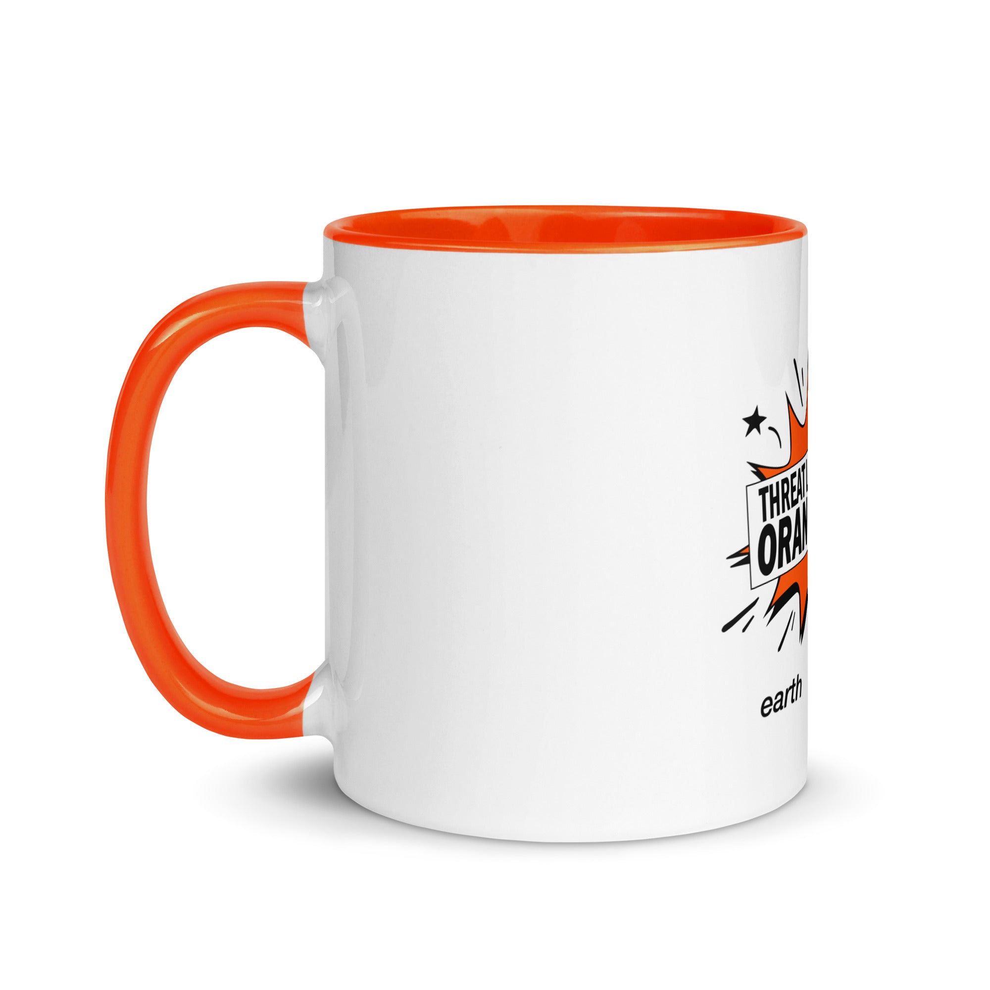 White ceramic mug with orange interior and Earth to Eve Threat Level Orange design, 11 oz left view