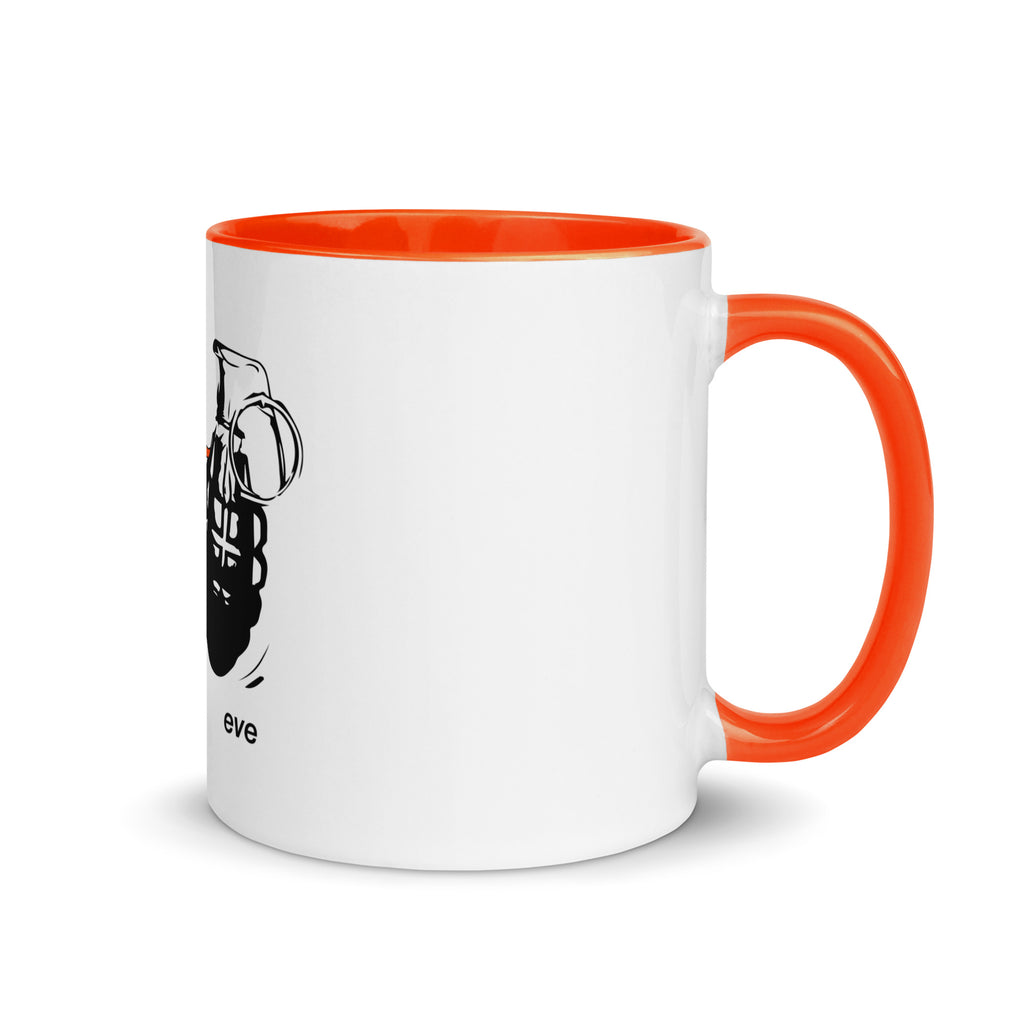 White ceramic mug with orange interior and Earth to Eve Threat Level Orange design, 11 oz right view