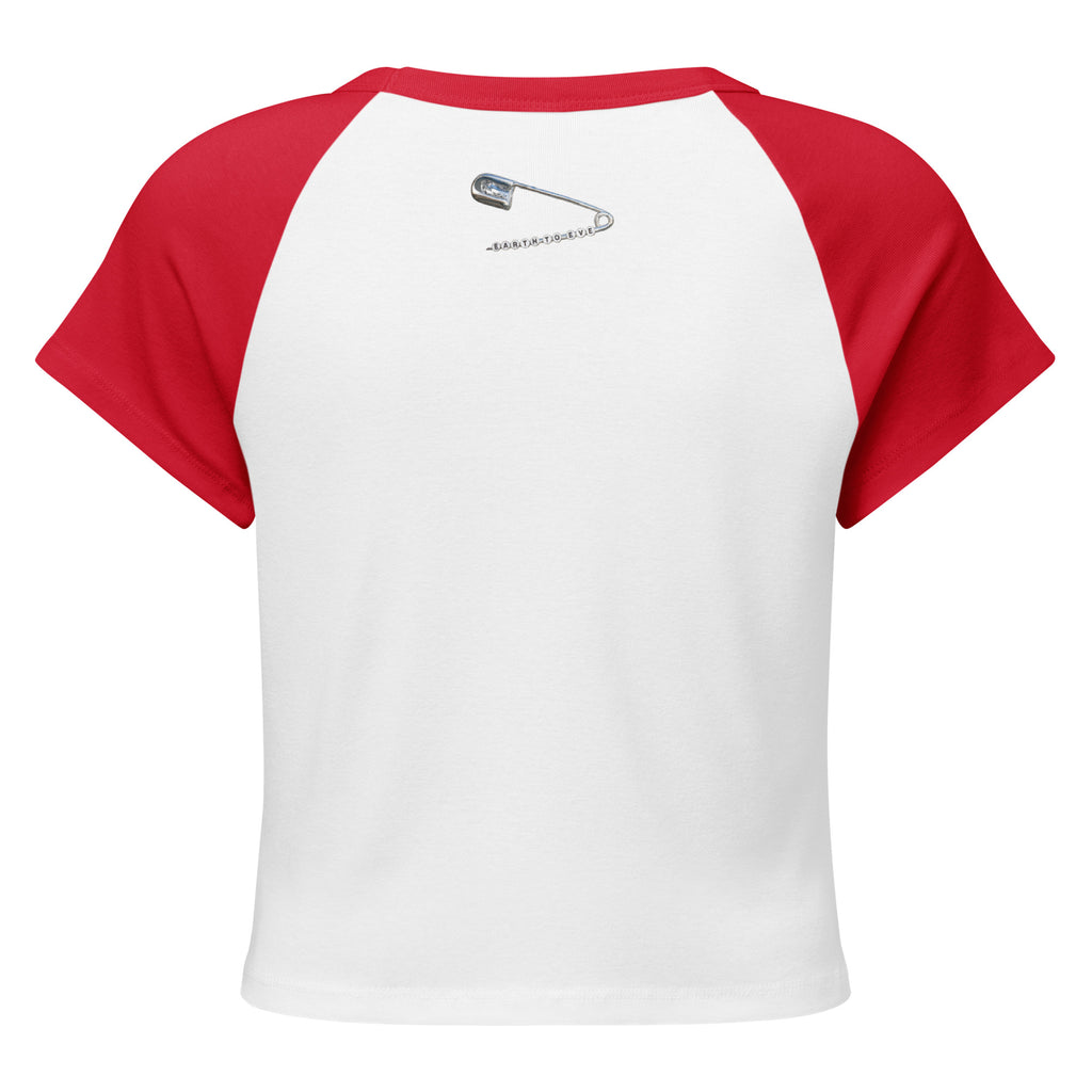 White and red women's micro-rib raglan baby tee with Earth to Eve MAGA Brain design, back view