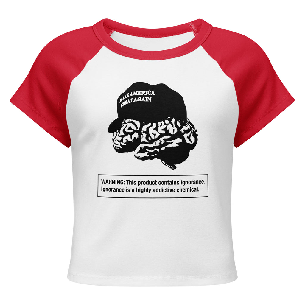 White and red women's micro-rib raglan baby tee with Earth to Eve MAGA Brain design, front view