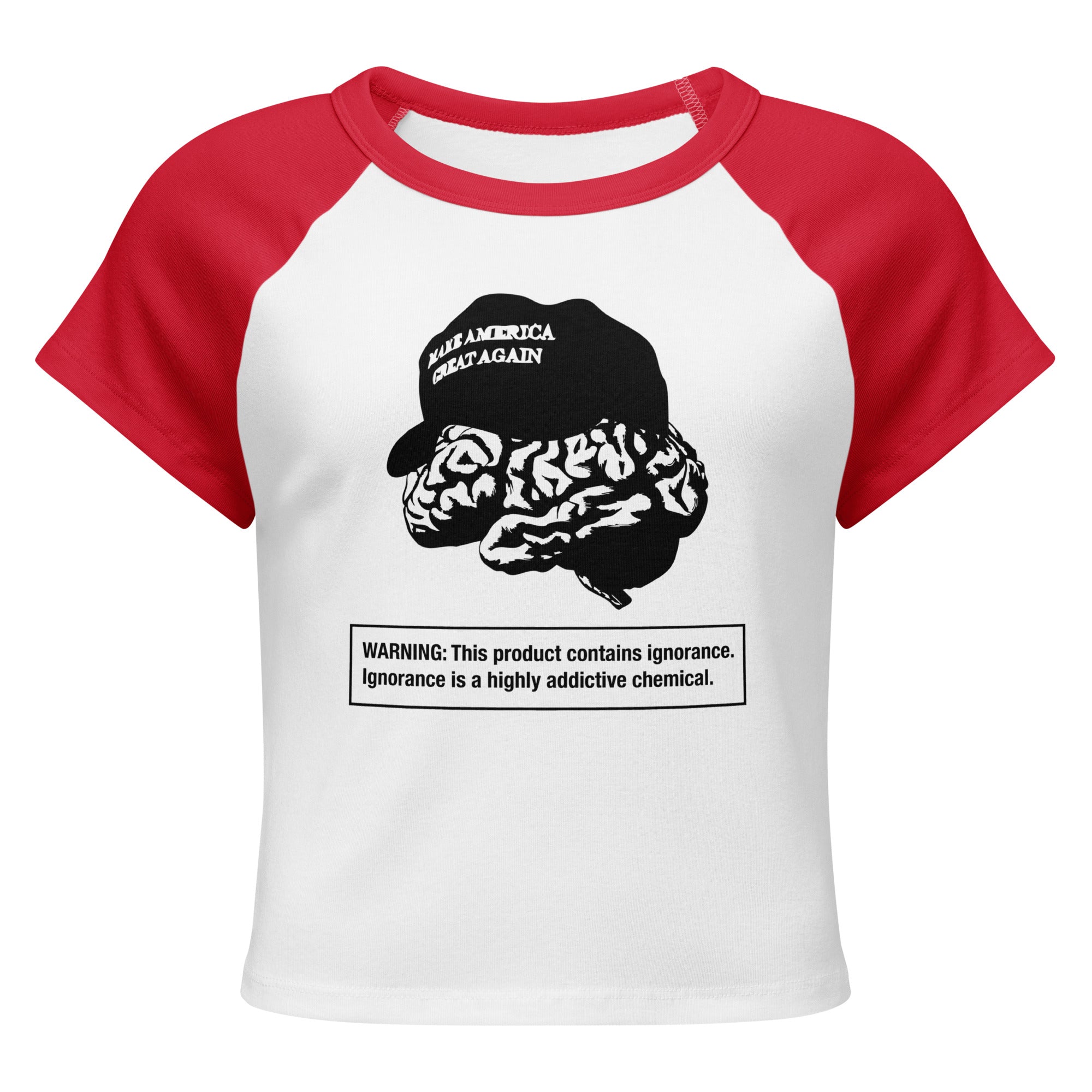 White and red women's micro-rib raglan baby tee with Earth to Eve MAGA Brain design, front view