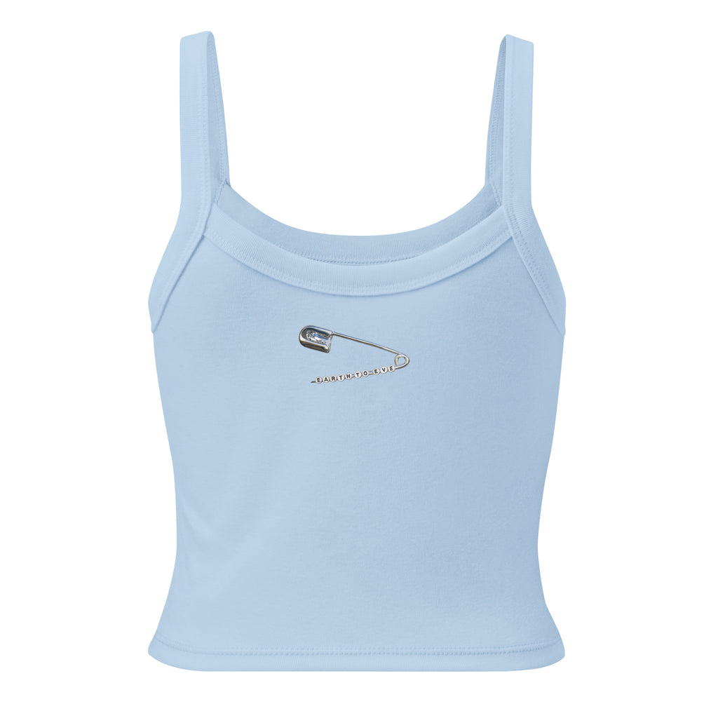 Baby blue women's micro-rib tank top with Earth to Eve design, back view
