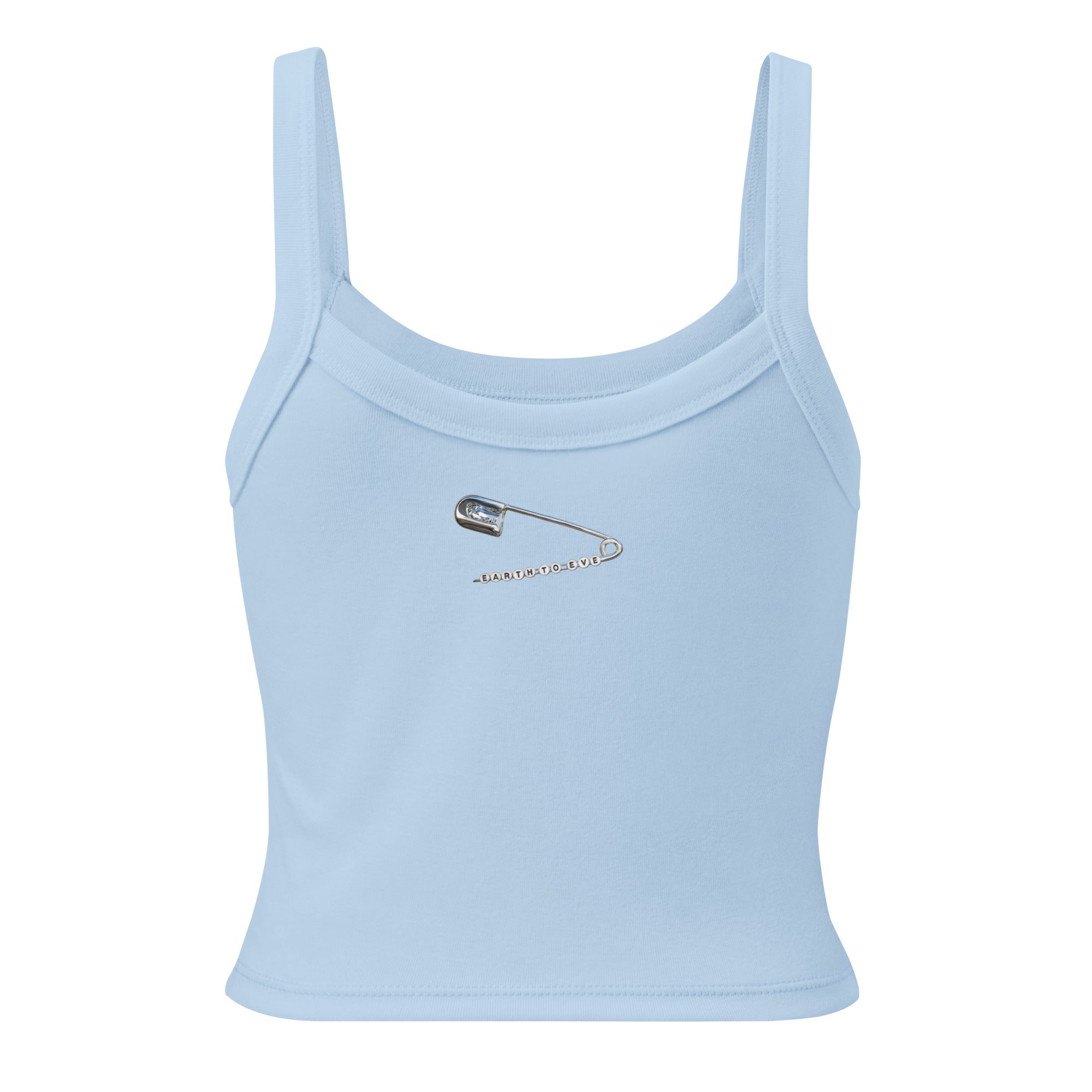 Baby blue women's micro-rib tank top with Earth to Eve design, back view