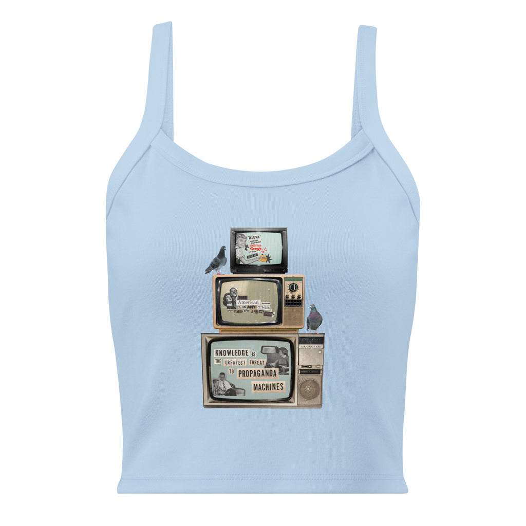 Baby blue women's micro-rib tank top with Earth to Eve design, front view