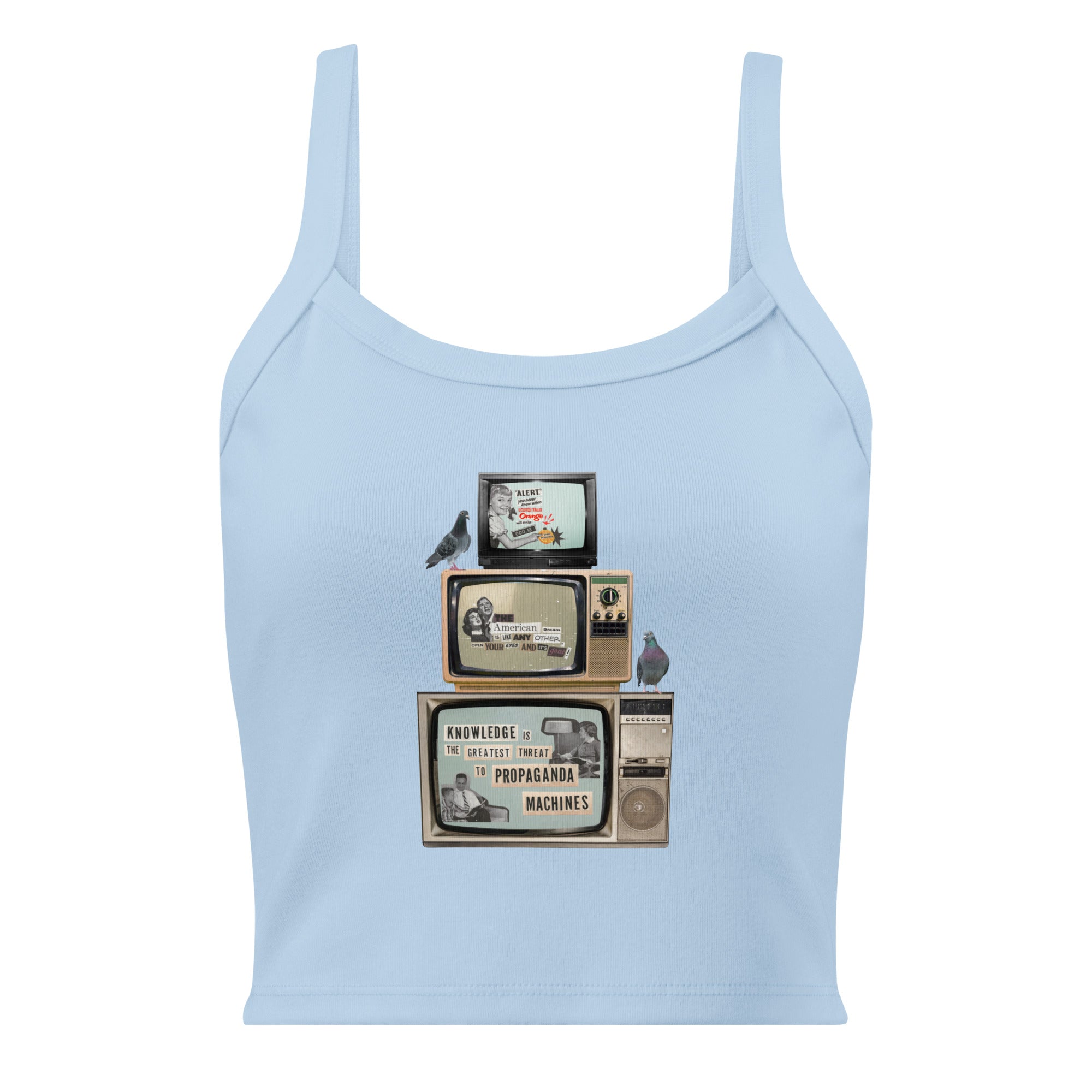Baby blue women's micro-rib tank top with Earth to Eve design, front view