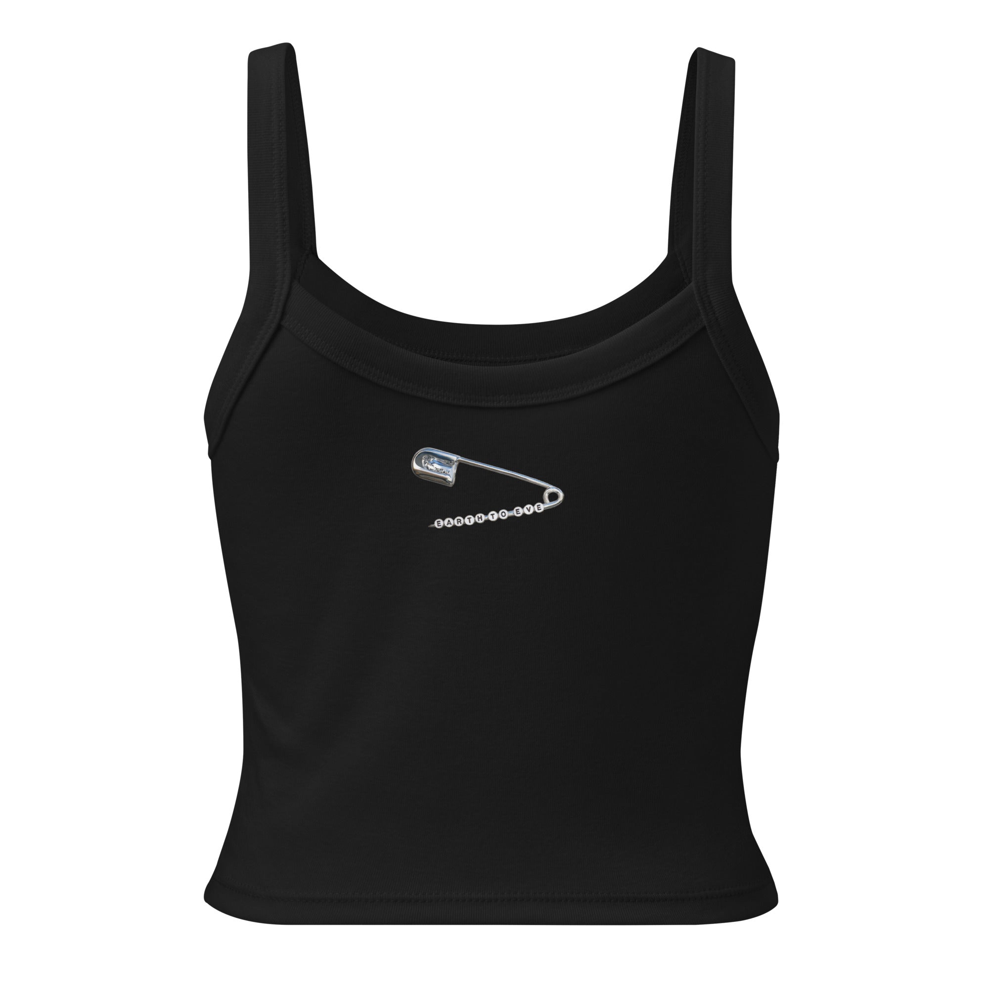 Black women's micro-rib tank top with Earth to Eve design, back view
