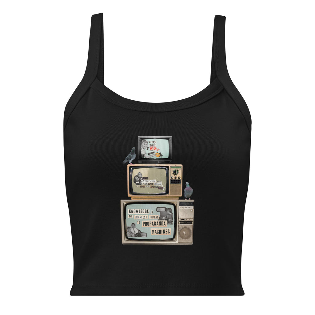 Black women's micro-rib tank top with Earth to Eve design, front view