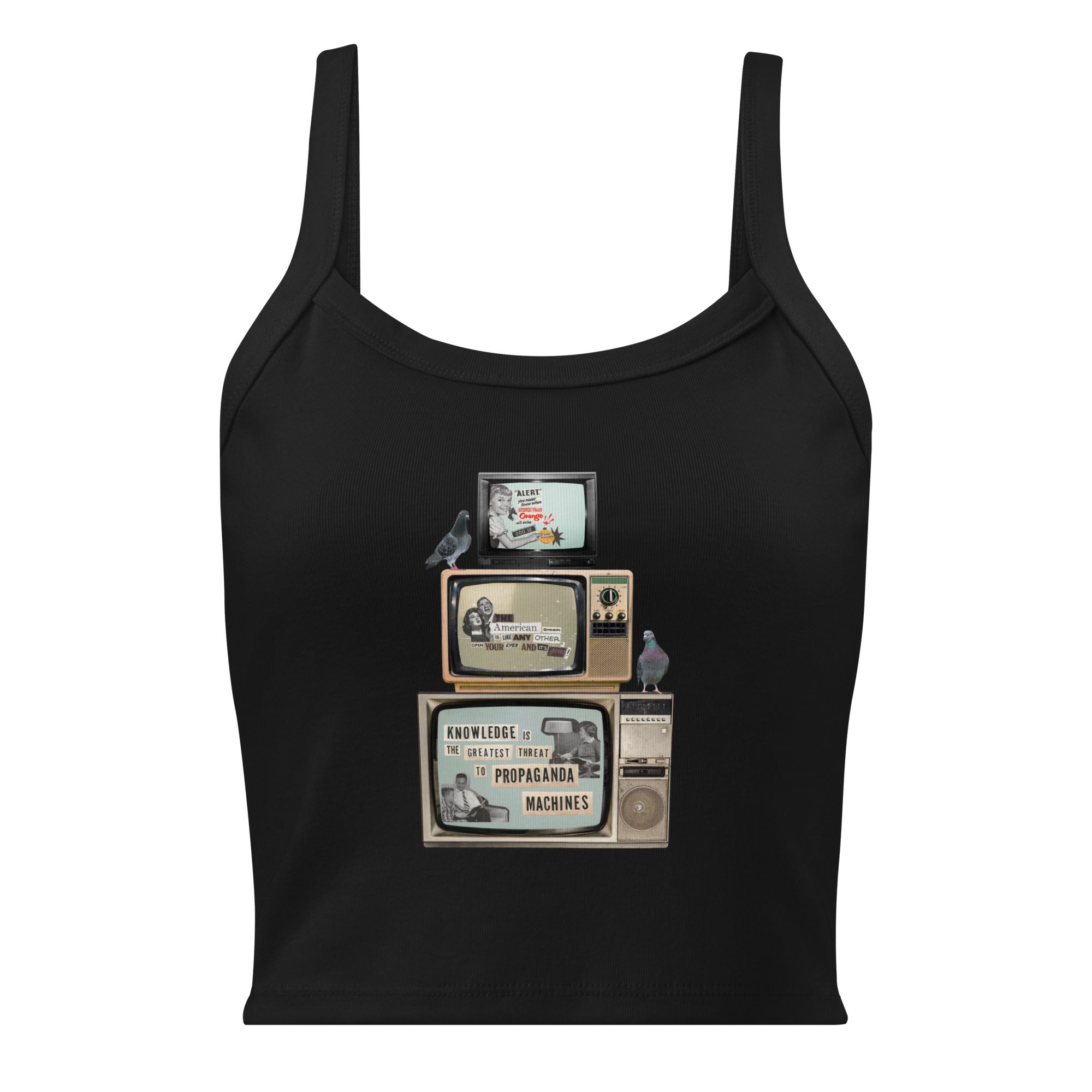 Black women's micro-rib tank top with Earth to Eve design, front view
