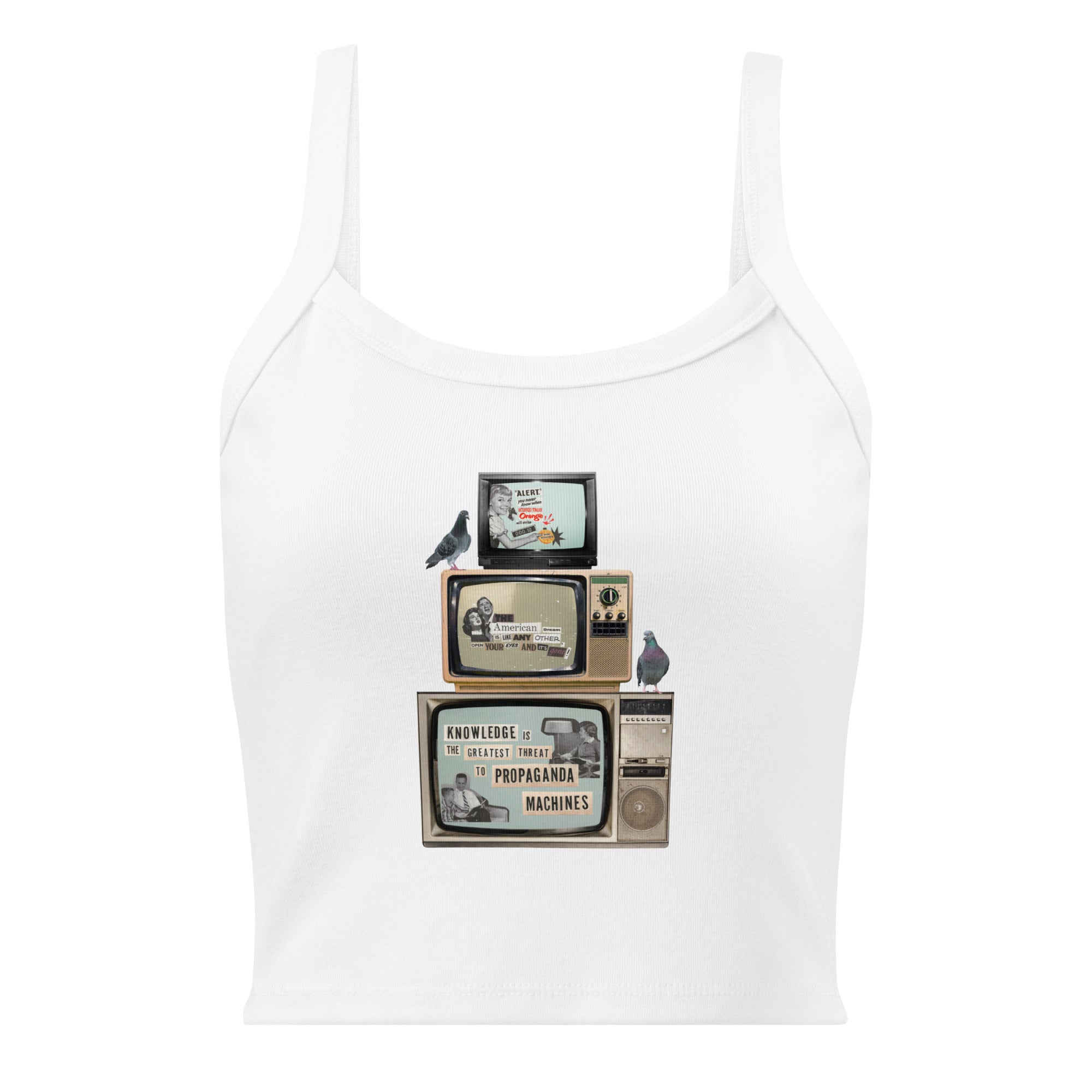 White women's micro-rib tank top with Earth to Eve design, front view